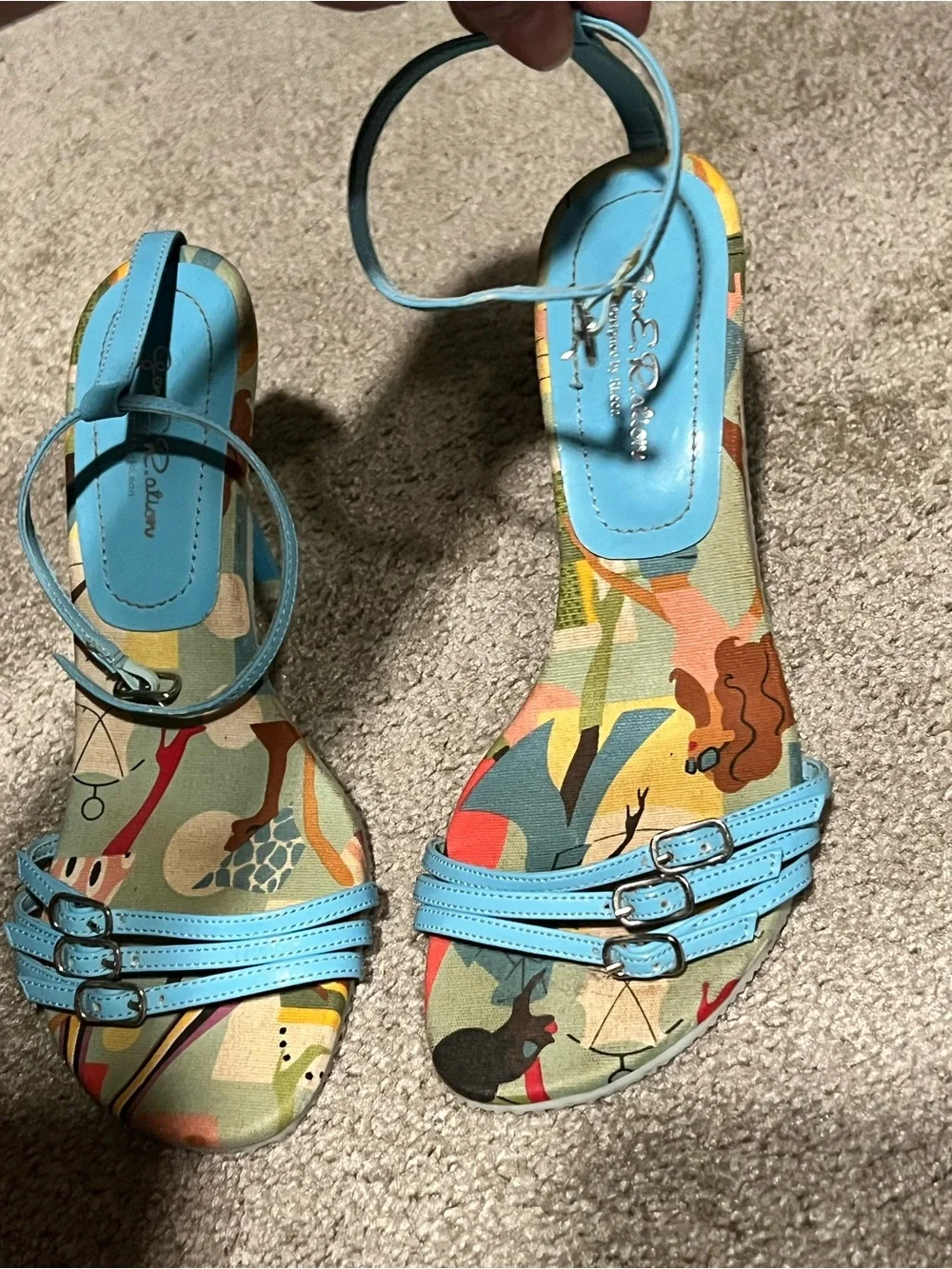 Baby blue Strappy Sandals with Colorful Printed Footbed
